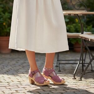 No.6 Coco Blush Mauve Suede Leather  Wooden Heel Clog Buckle Sandals  Size 38/8